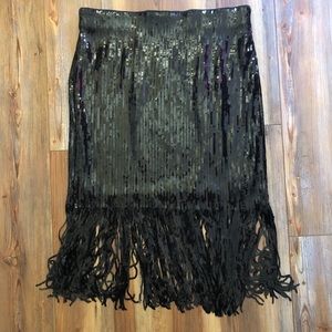 NWOT Eloquii Black Sequin Fringe Skirt Size 14 Elastic Waist Lined Holiday Party